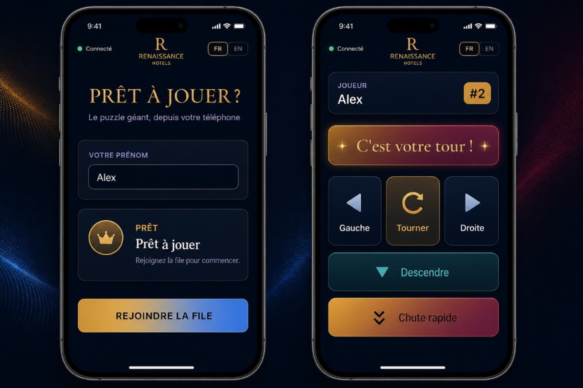 Hotel Tetris Bordeaux — télécommande mobile, écran d'accueil et manette
